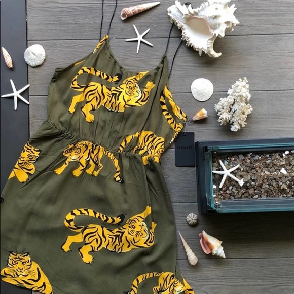 Hurley Women's Large Tiger-Print Strappy Cover-Up  Dress ~ Green & Mustard - Picture 6 of 11
